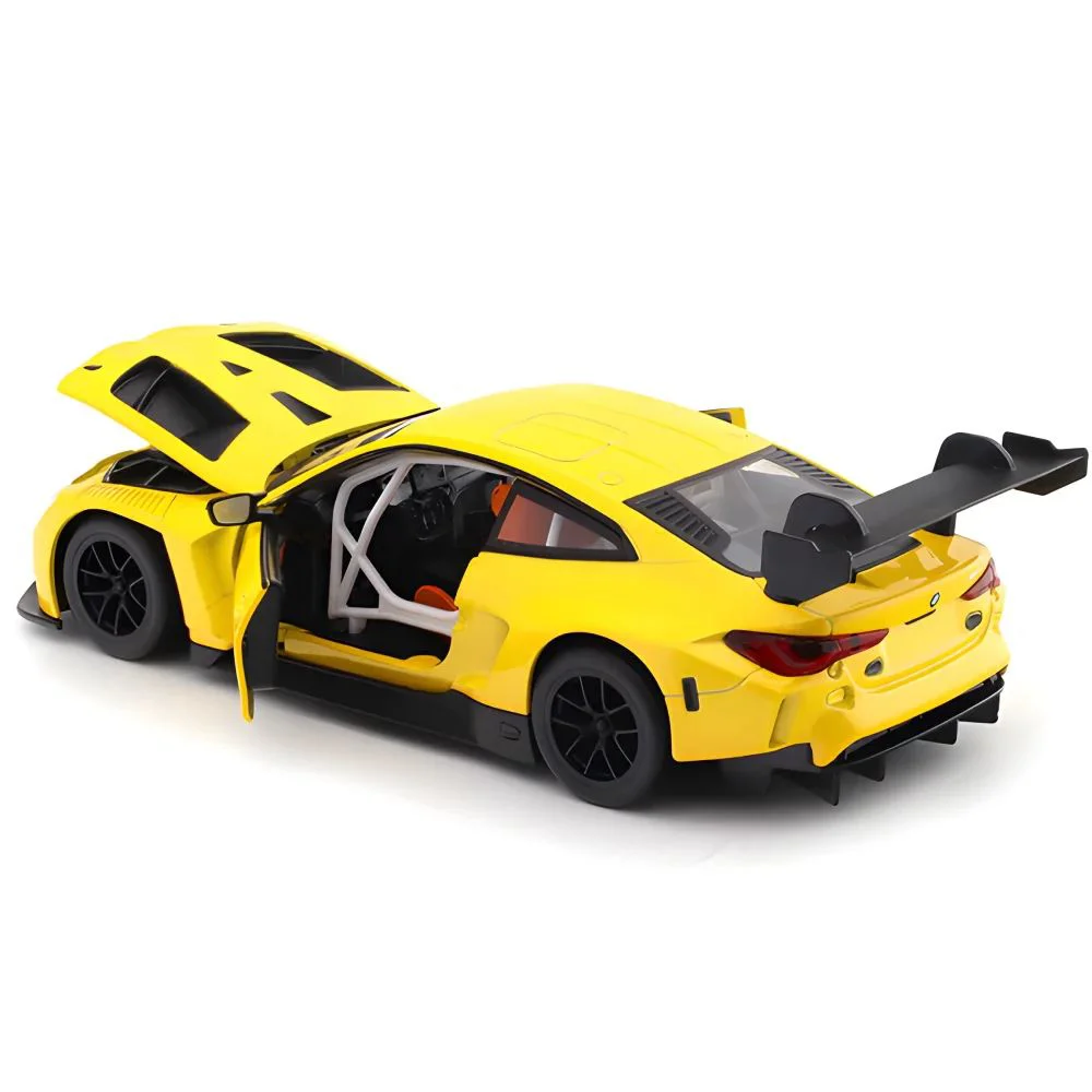Металлическая машинка BMW M4 GT3 с инерционным механизмом, светом и звуком, Желтая, 1:24 foto