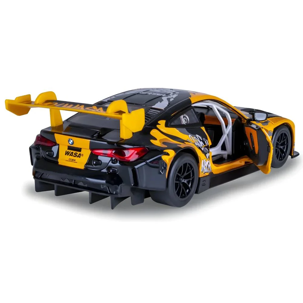 Металлическая машинка BMW M4 GT3 с инерционным механизмом, светом и звуком, Желтая, 1:24 foto