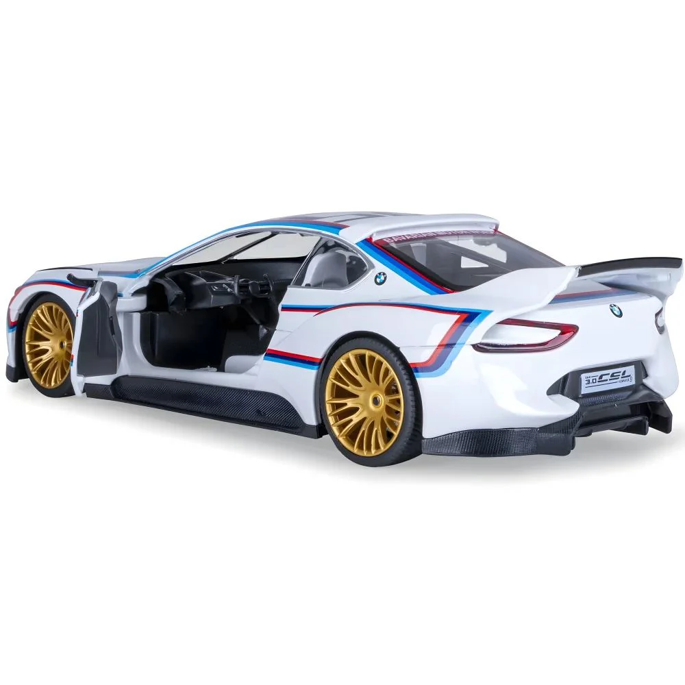 Металлическая машинка BMW 3.0 CSL Hommage R с инерционным механизмом, светом и звуком, Белая, 1:24 foto