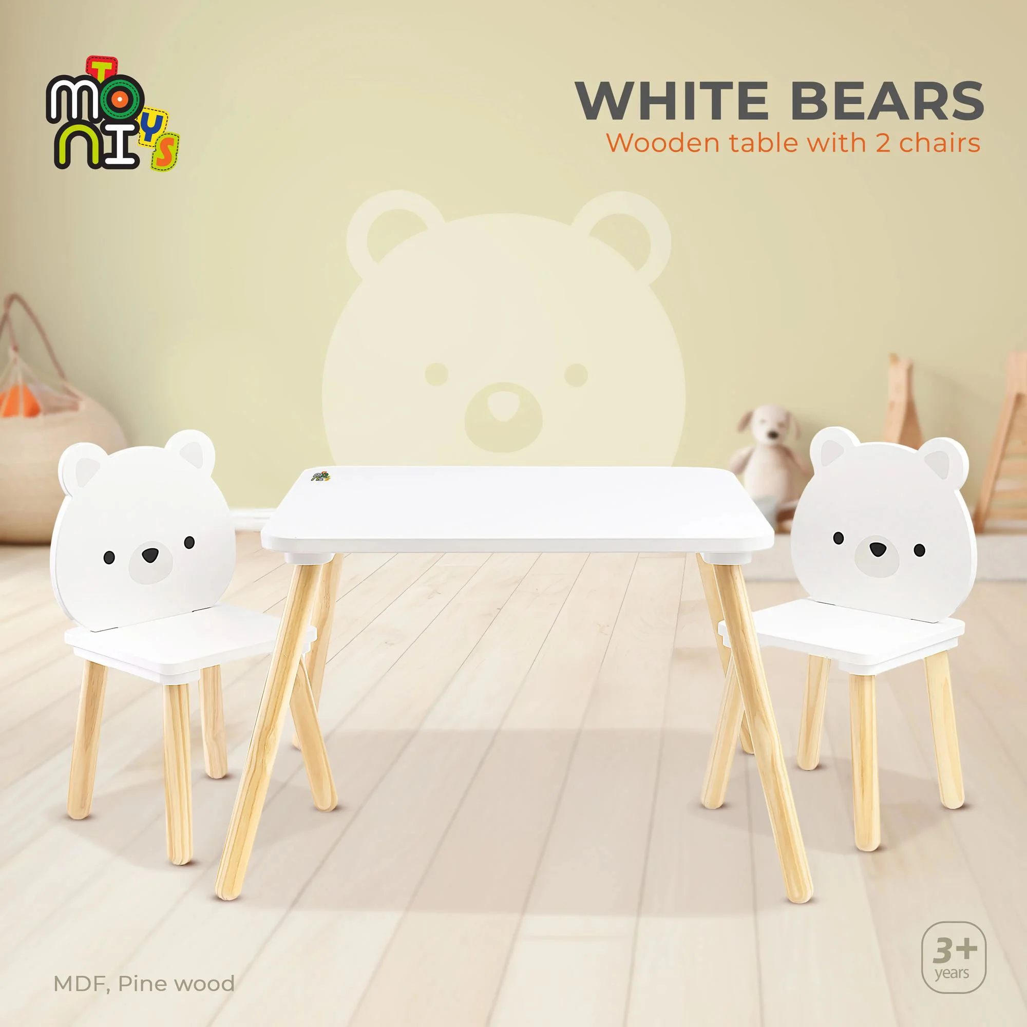 Набор стол и 2 стула Moni White Bears из дерева и MDF foto