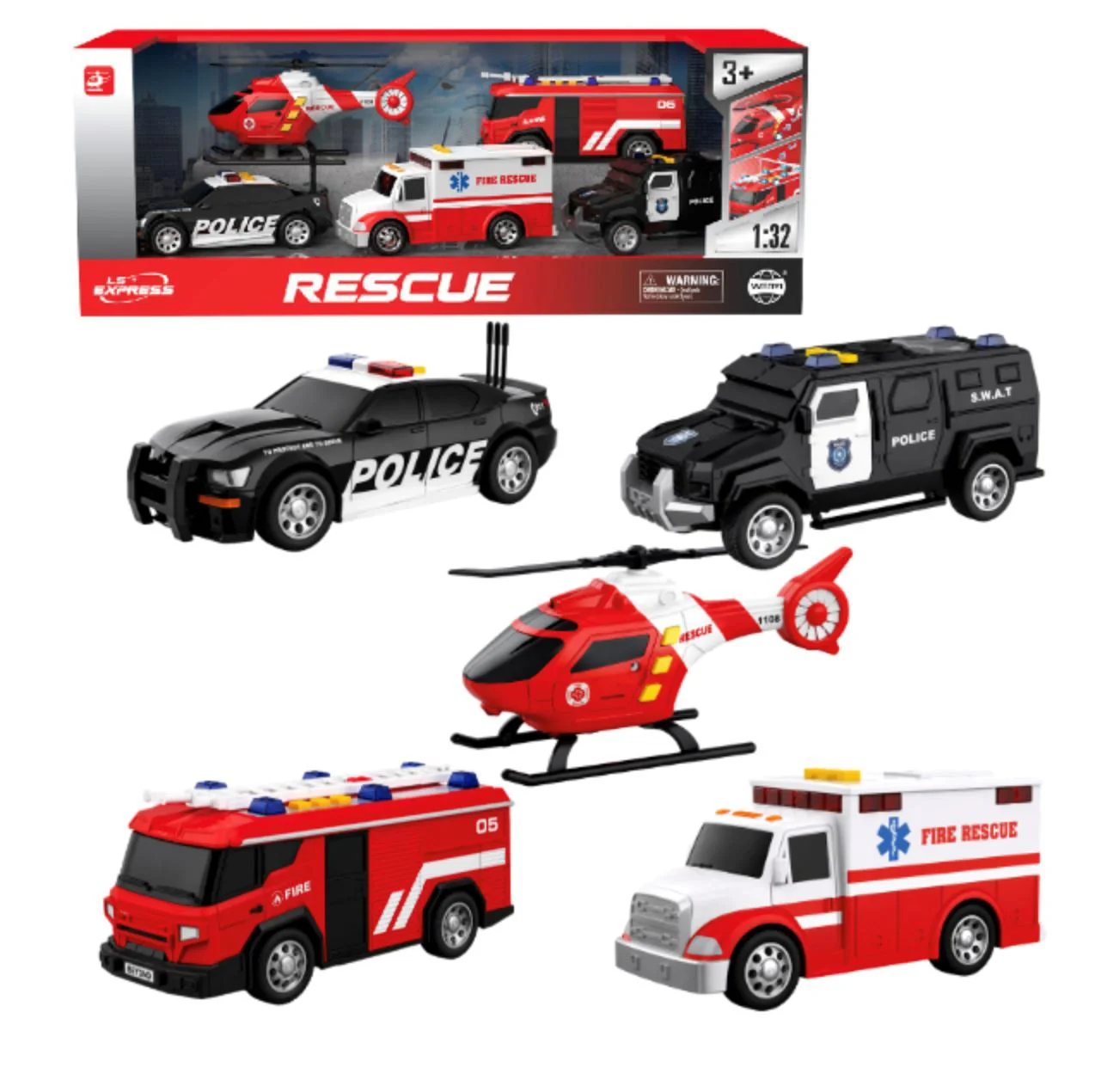 Set de vehicule de salvare Wenyi cu frictiune, lumini si sunete 1:32 foto