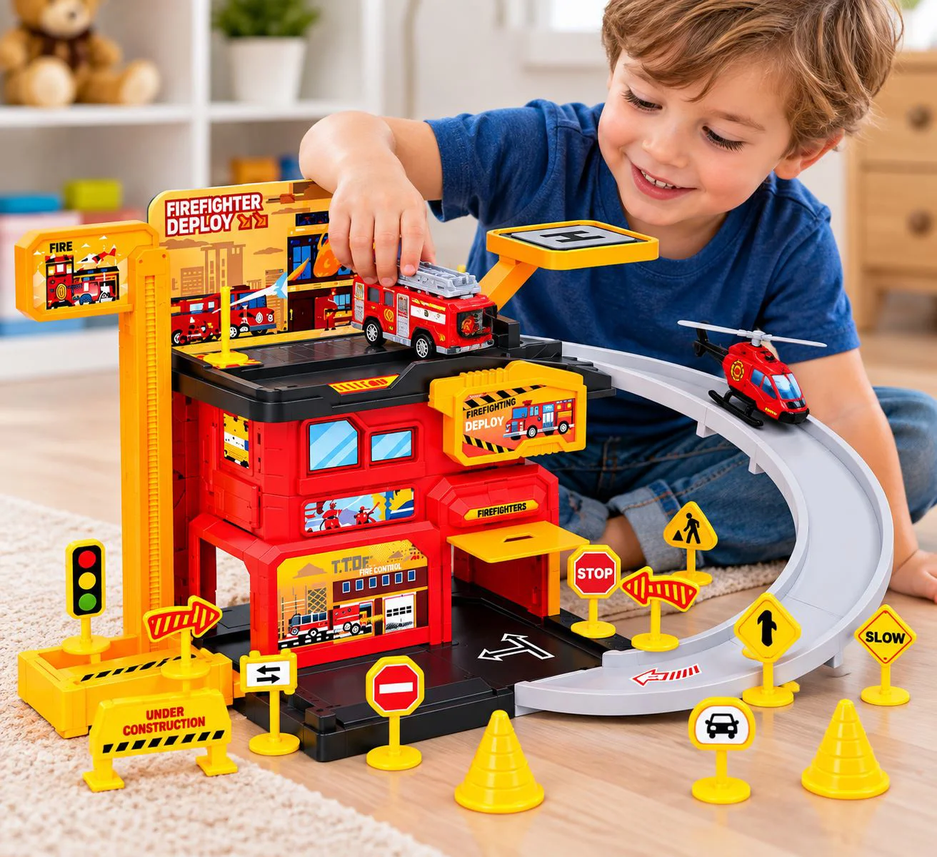 Set de joaca New World Parcare pentru masini de pompieri, 31 el. foto