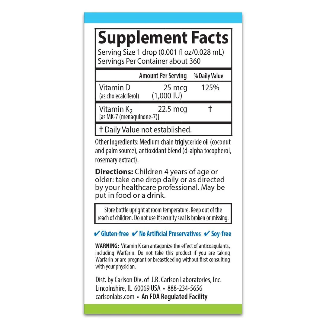 Supliment alimentar pentru copii Carlson Lab Super Daily D3-1000 IU + K2, 360 picaturi foto