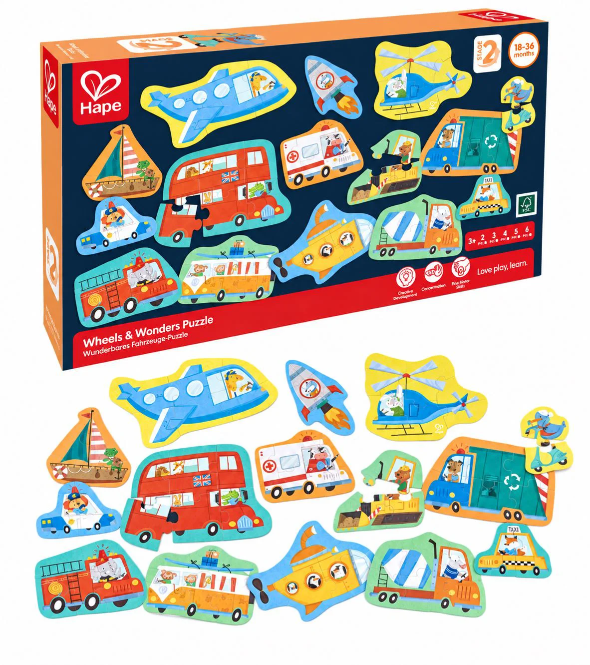 Puzzle din lemn 15 in 1 Hape Vehicule foto