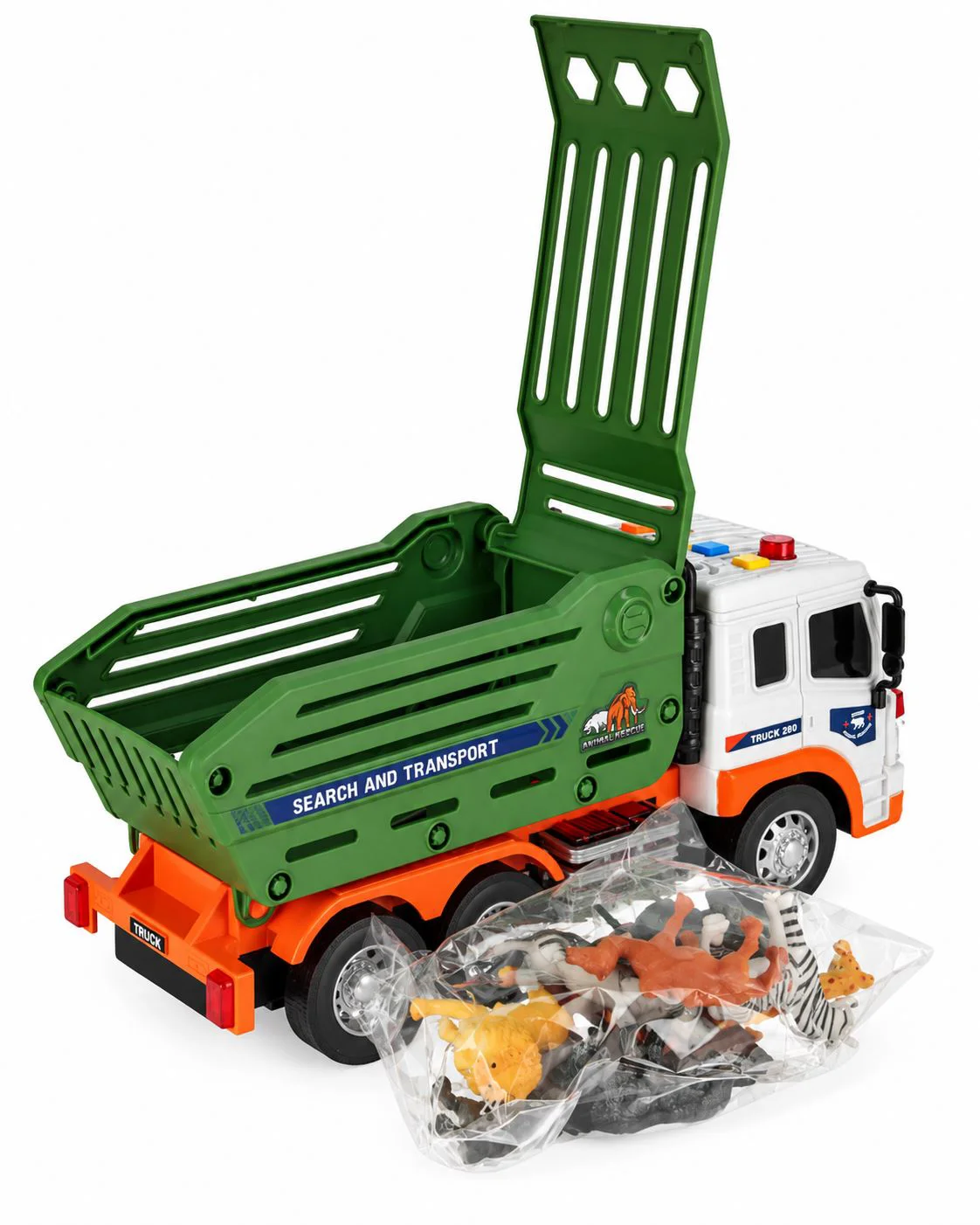 Camion pentru transportarea animalelor Wenyi cu frictiune, lumini si sunete 1:16 foto