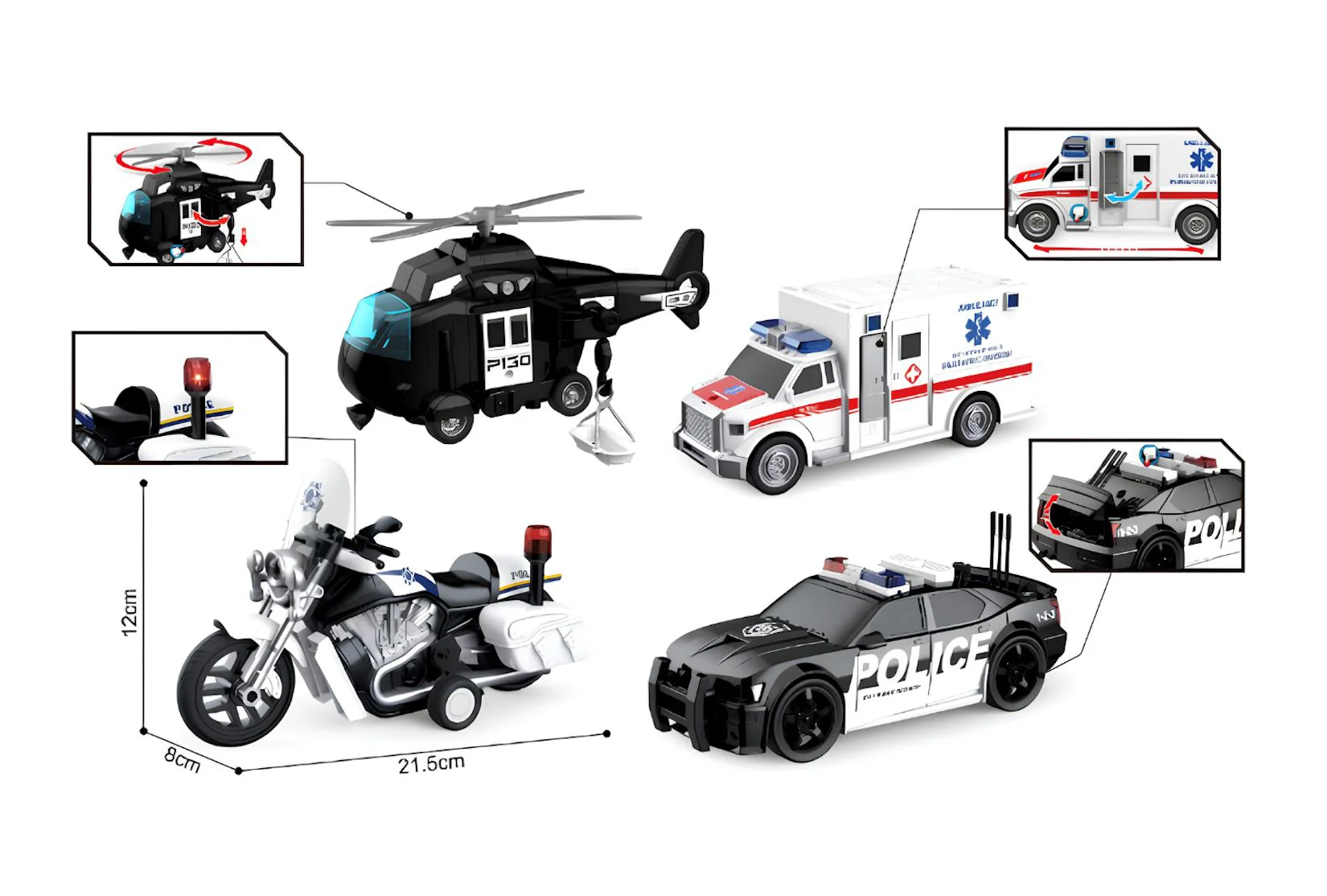 Set de vehicule de politie Wenyi cu inertie, sunete si lumini 1:20 foto