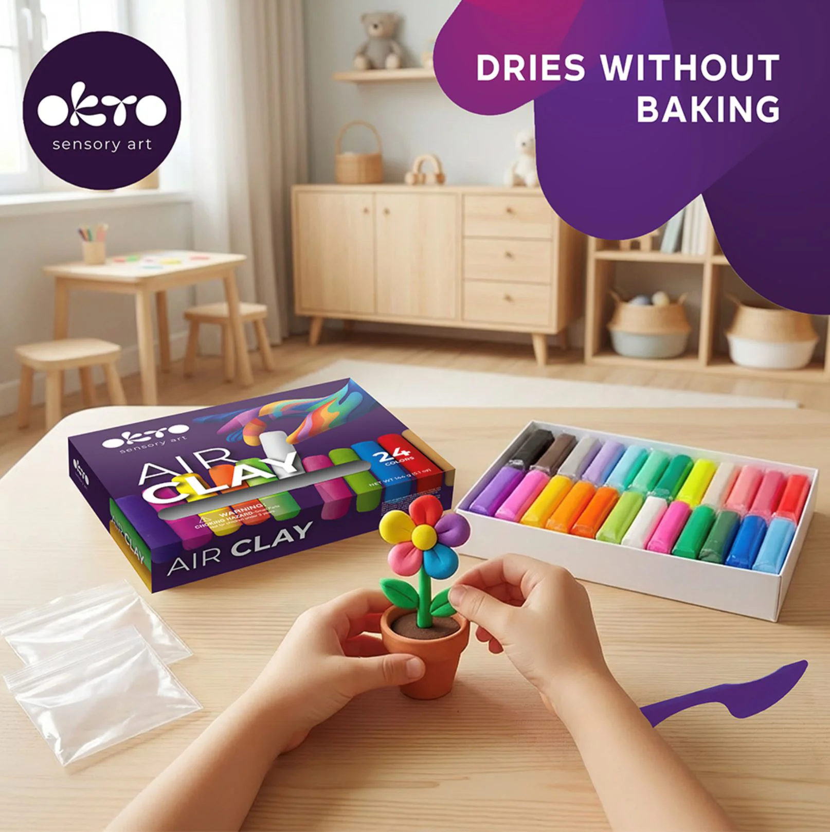 Set creativ cu plastilina aerata Okto Air Clay, 24 buc. foto