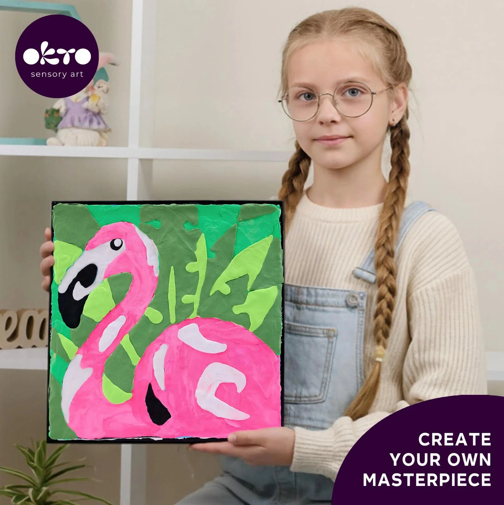 Tablou 3D pe numere din plastilina aerata Okto Air Clay Flamingo roz, 29x29 cm foto