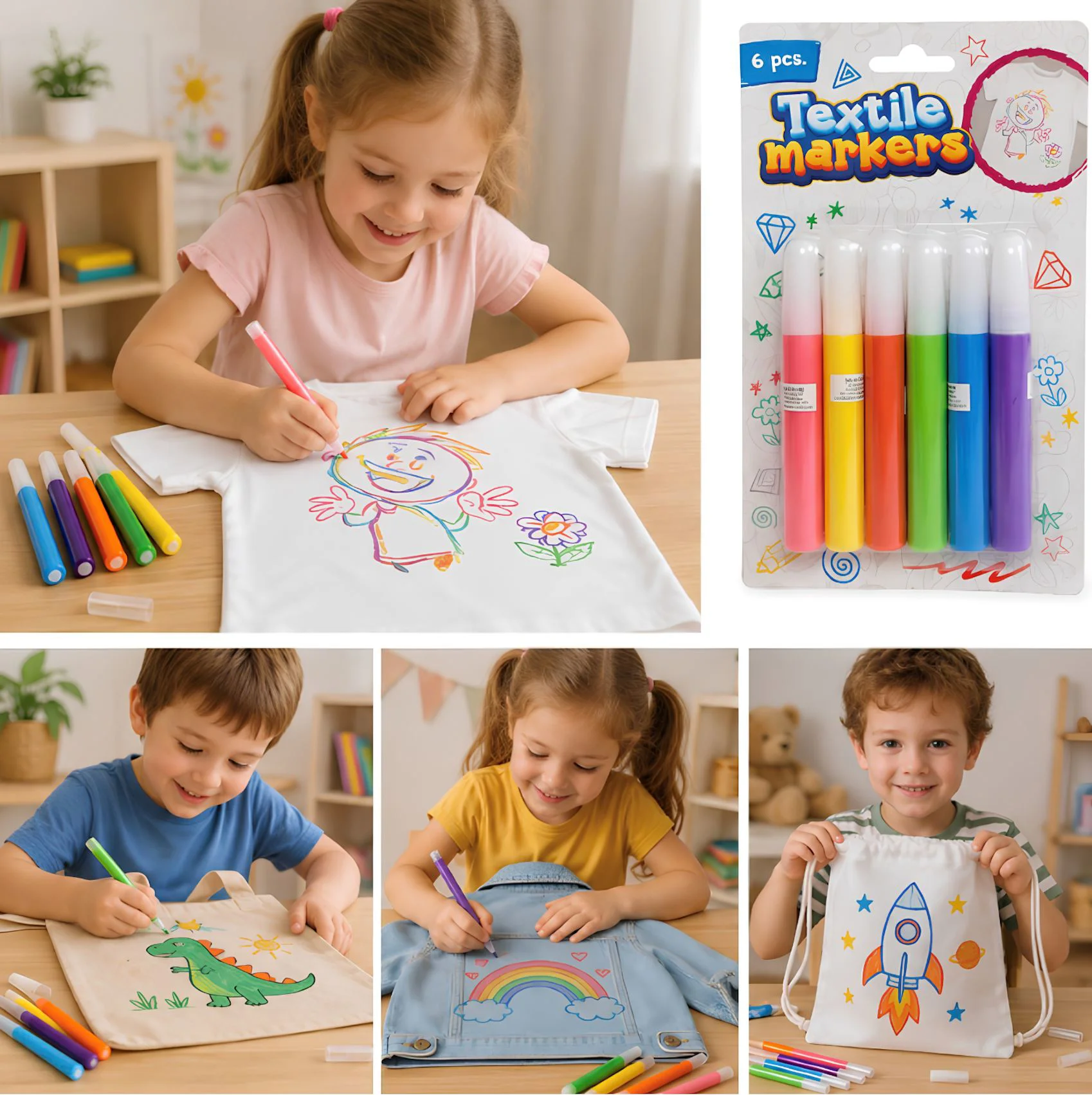 Markere pentru textile Toi Toys fosforescente, 6 buc. foto