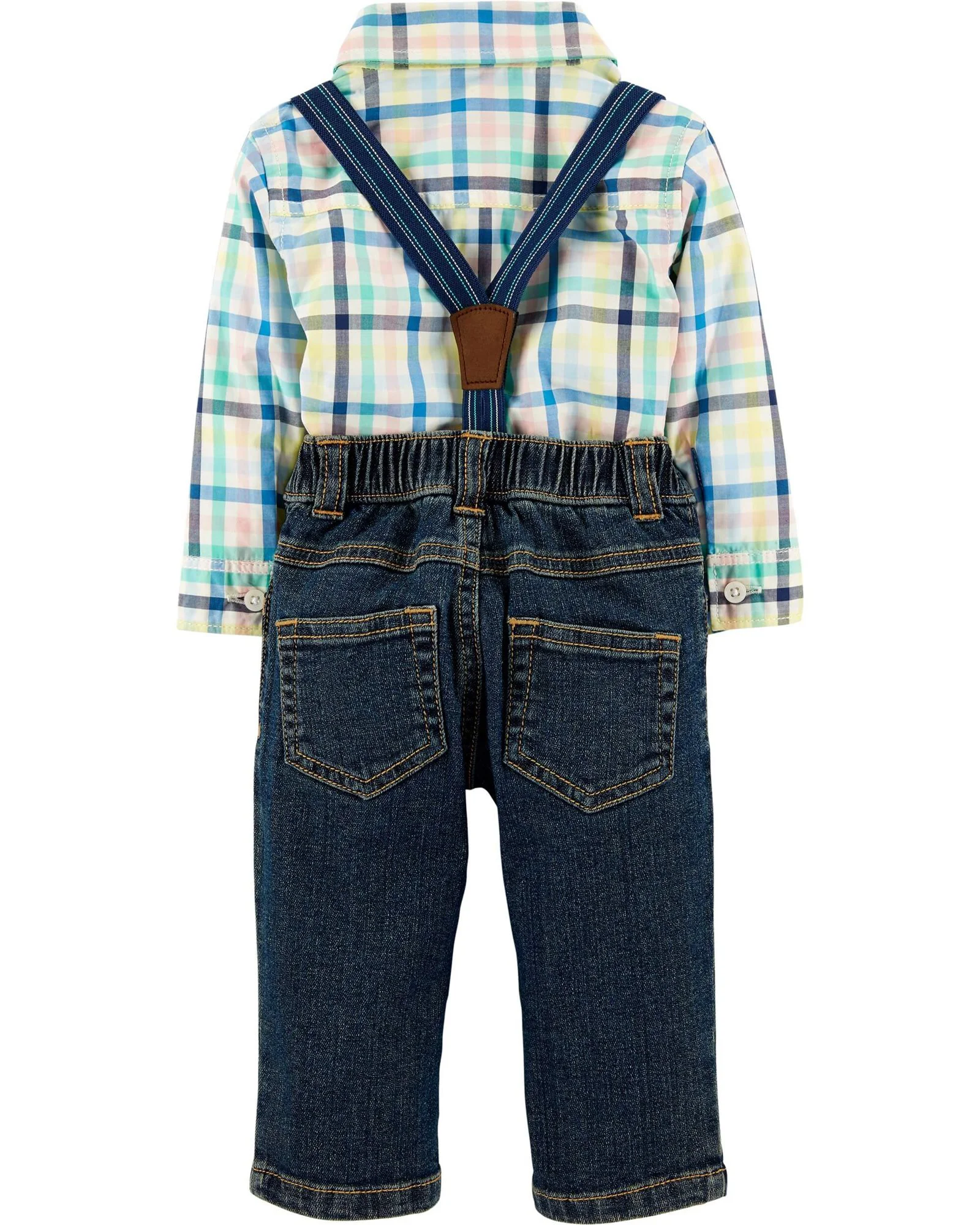 Carter's Set 3 piese Pantaloni, body tip camasa in carouri si bretele foto