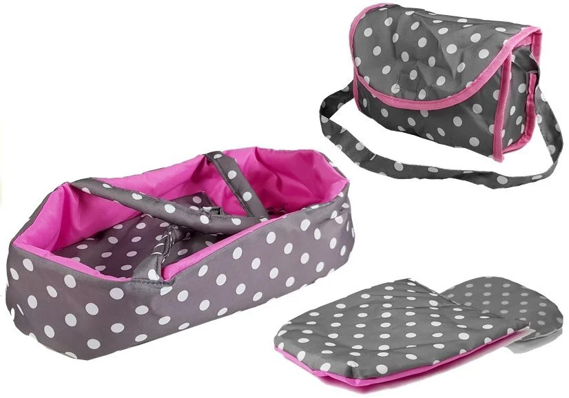 Carucior LEANTOYS pentru papusi cu gentuta si accesorii Alice culoare sur-roz cu buline foto