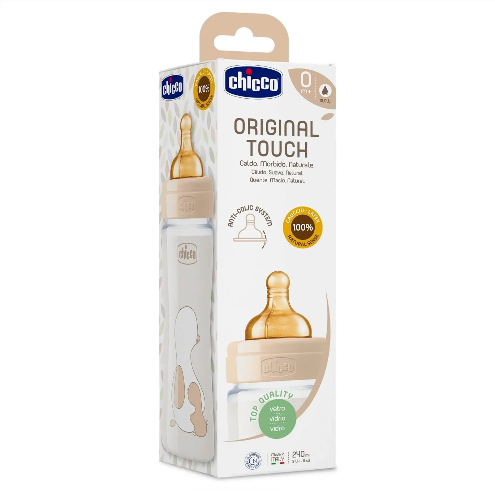 Бутылочка стеклянная Chicco Original Touch с латексной соской (0+ мес.), 240 мл