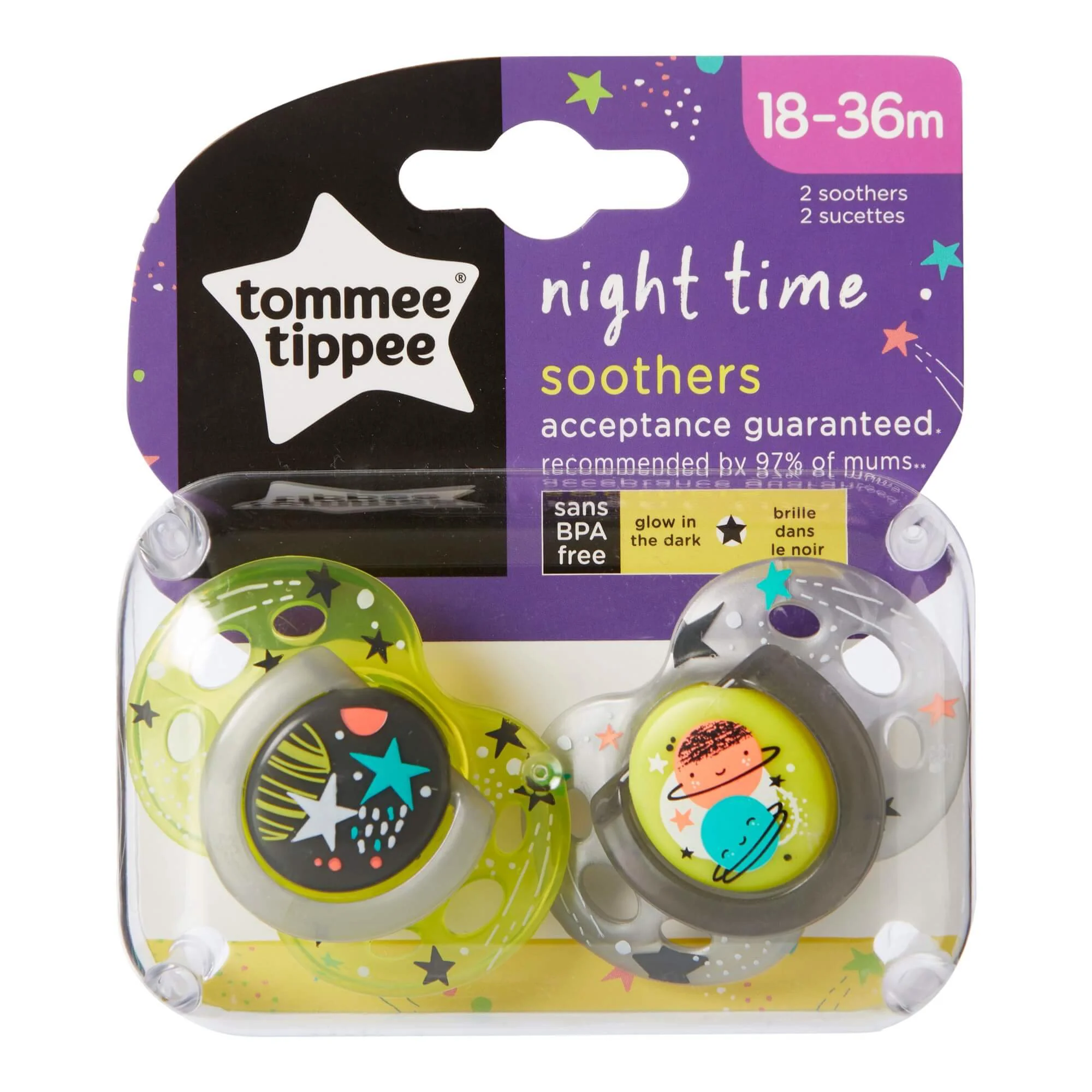 Suzeta ortodontica din silicon de noapte Tommee Tippee (18-36 luni), 2 buc.