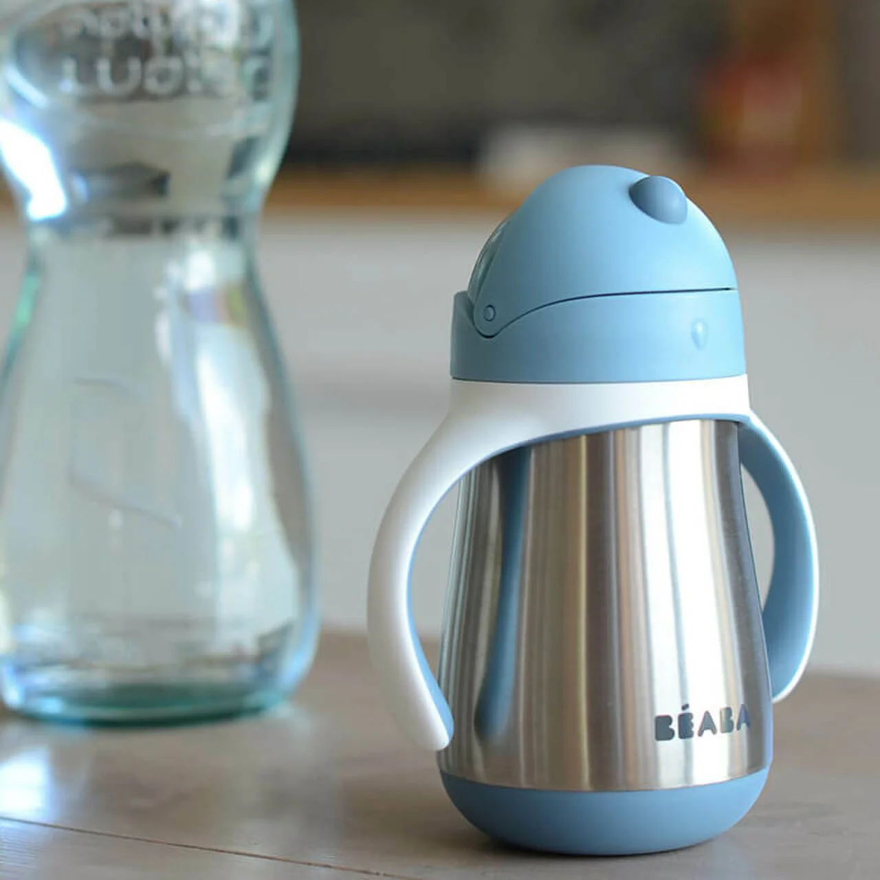 Cana din inox cu pai Beaba Albastru, 250 ml foto