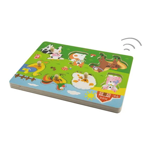 Puzzle cu maner din lemn Viga Toys Ferma cu sunet