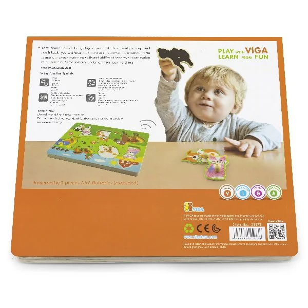 Puzzle cu maner din lemn Viga Toys Ferma cu sunet