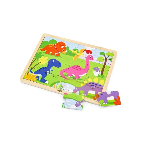Puzzle in cadru de lemn Viga Toys Dinozauri, 16 elemente foto