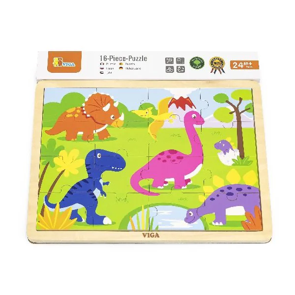 Puzzle in cadru de lemn Viga Toys Dinozauri, 16 elemente foto