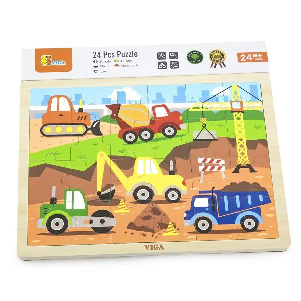 Puzzle in cadru de lemn Viga Toys Vehicule de contructii, 24 elemente foto