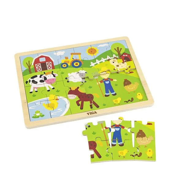 Puzzle in cadru de lemn Viga Toys Ferma, 24 elemente