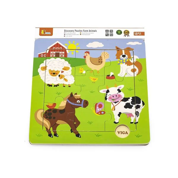 Puzzle in cadru din lemn Viga Toys Ferma cu animale, 9 piese