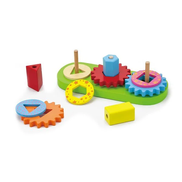 Piramida din lemn Viga Toys cu figuri geometrice si roti dintate foto