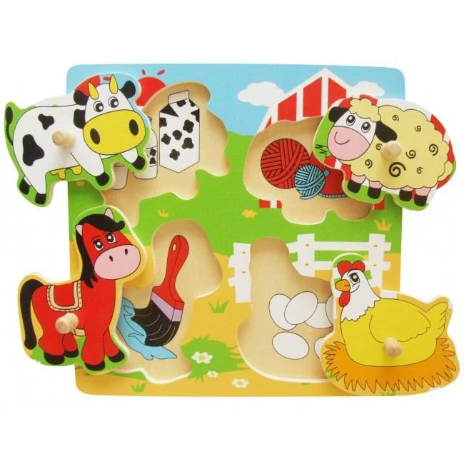 Puzzle cu maner in cadru din lemn Viga Toys Animalele de la ferma foto