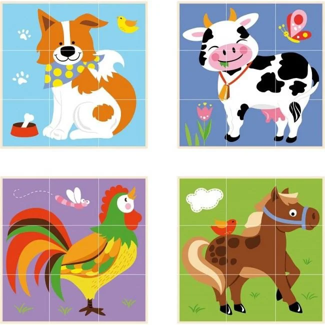 Cuburi puzzle pe tija verticala din lemn Viga Toys Animale din ferma foto