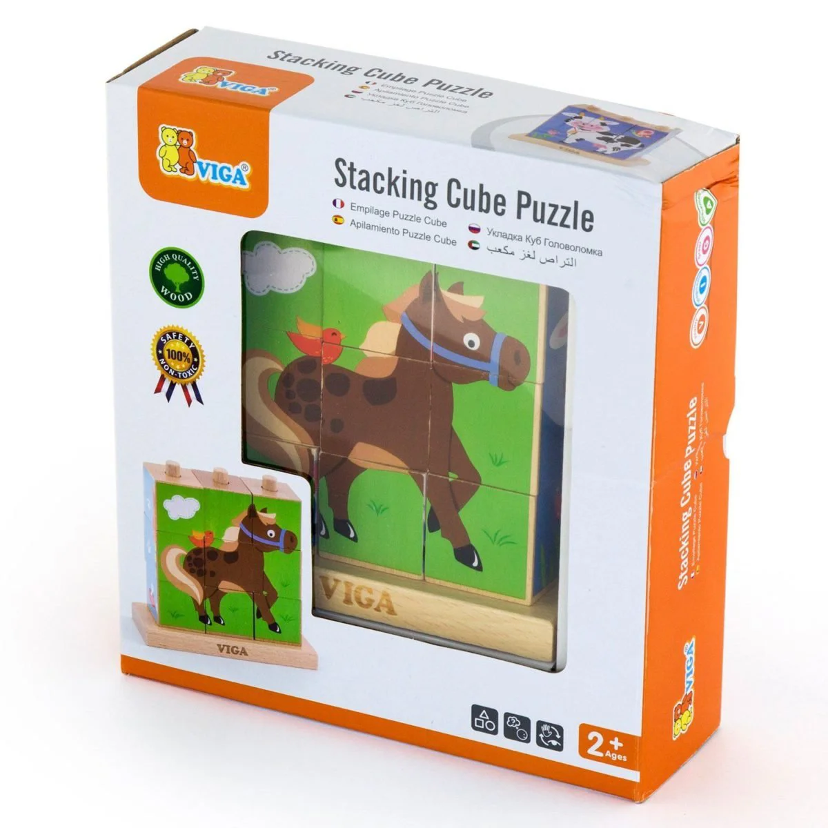 Cuburi puzzle pe tija verticala din lemn Viga Toys Animale din ferma foto