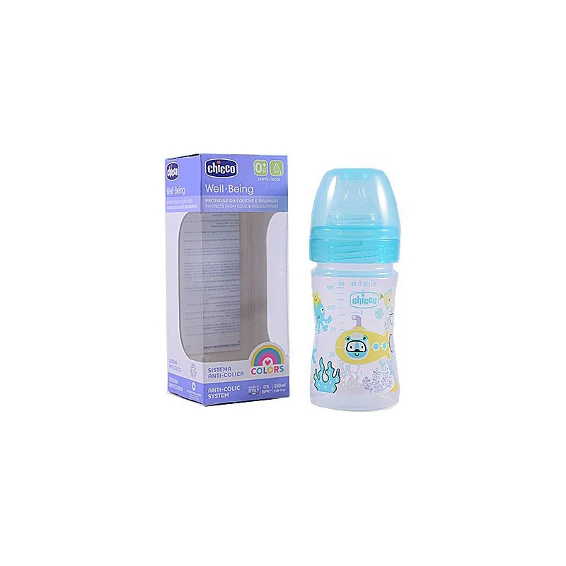 Biberon anticolici din plastic Chicco Well Being Boy, tetina din silicon (0+ luni), 150 ml foto