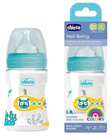 Biberon anticolici din plastic Chicco Well Being Boy, tetina din silicon (0+ luni), 150 ml foto