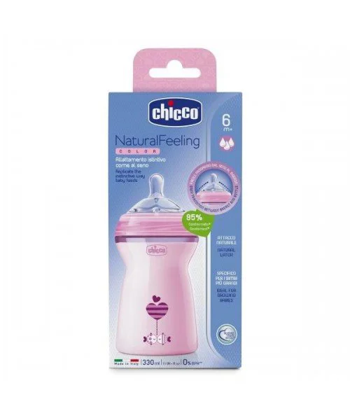 Biberon din plastic Chicco Natural Feeling Pink cu tetina din silicon (6+ luni), 330 ml foto