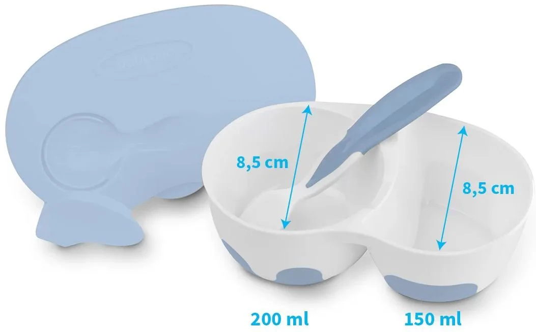 Farfurie dubla cu capac si lingura Babyono, albastra