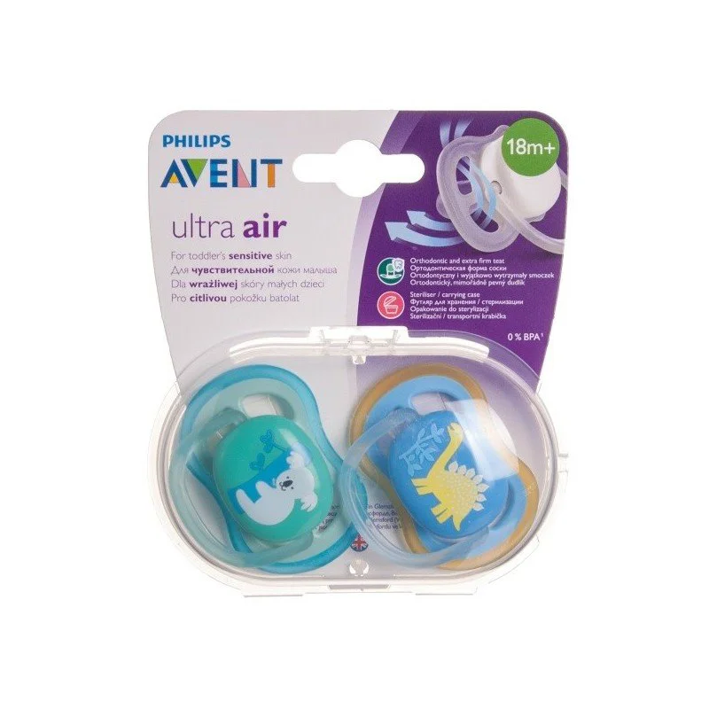 Пустышка силиконовая ортодонтическая Philips AVENT Ultra Air Boy в контейнере (18 мес.+), 2 шт.