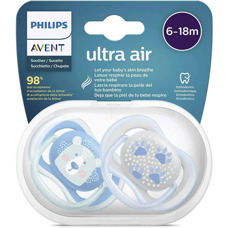 Пустышка силиконовая ортодонтическая Philips AVENT Ultra Air Boy  в контейнере (6-18 мес+.), 2 шт. foto