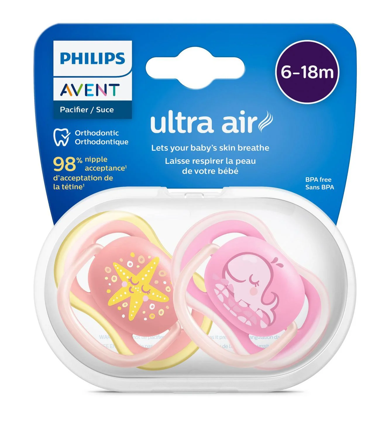 Пустышка силиконовая ортодонтическая  Philips AVENT Ultra Air Girl в контейнере (6-18 мec+), 2 шт foto