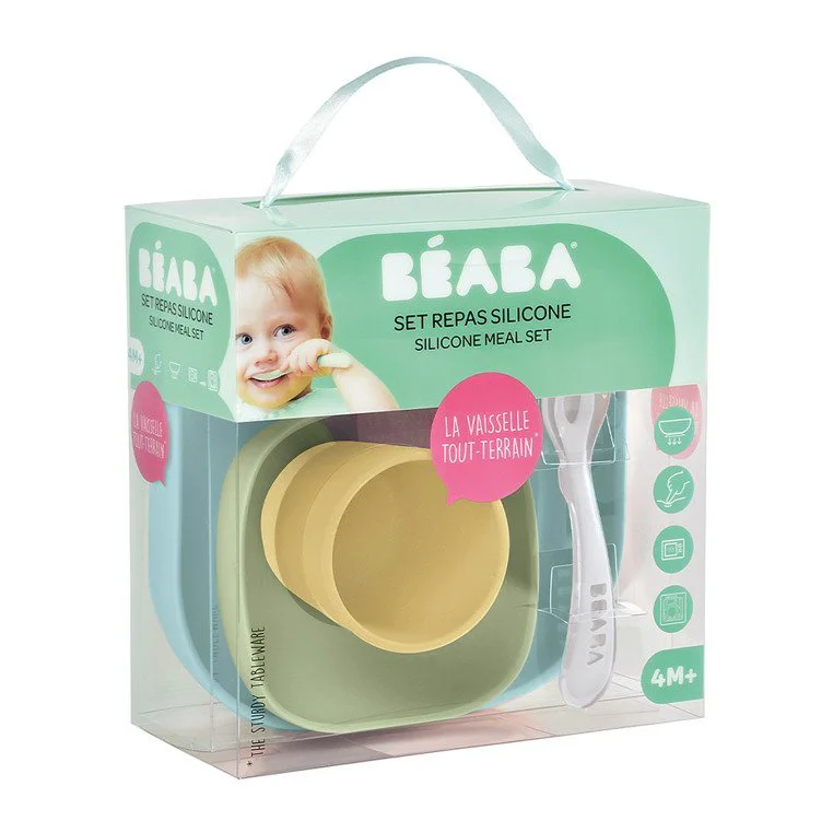 Set de masa din silicon Beaba Verde/Galben cu ventuza, 4 piese