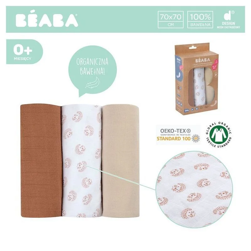 Set Muselina Beaba Herisson Marron din bumbac organic, 3 buc.