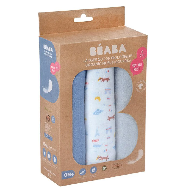 Set de museline Beaba Paris Blue 70x70 cm, 3 buc.