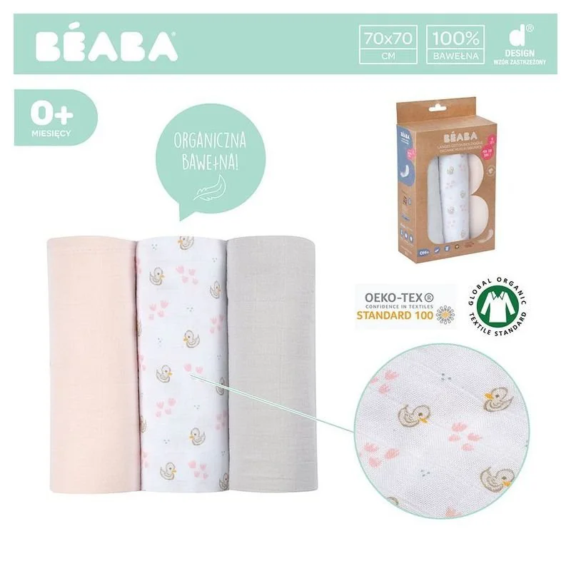 Набор муслиновых пеленок Beaba Swan Pink 70x70 см, 3 шт. foto