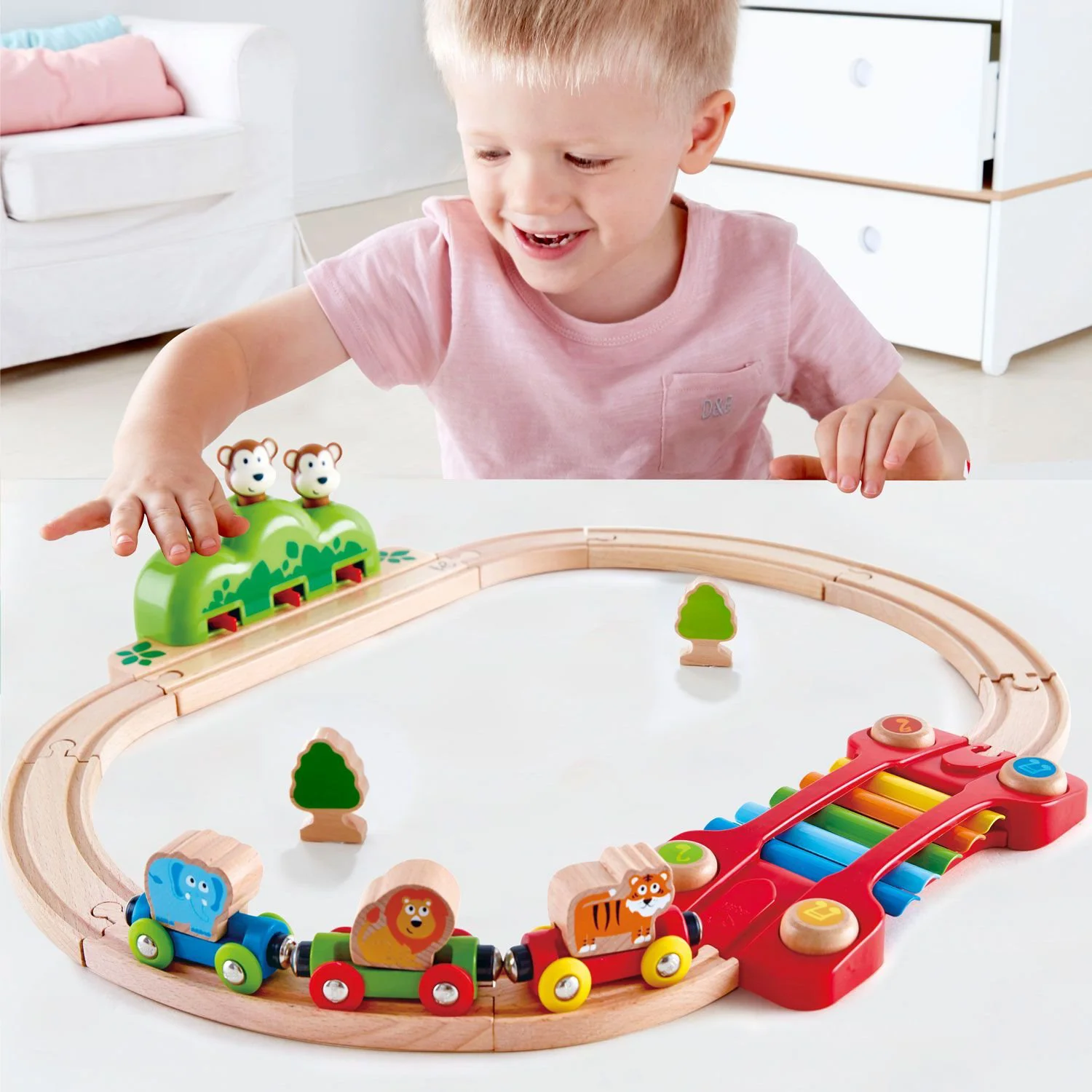 Jucarie din lemn Hape Music and Monkey Railway