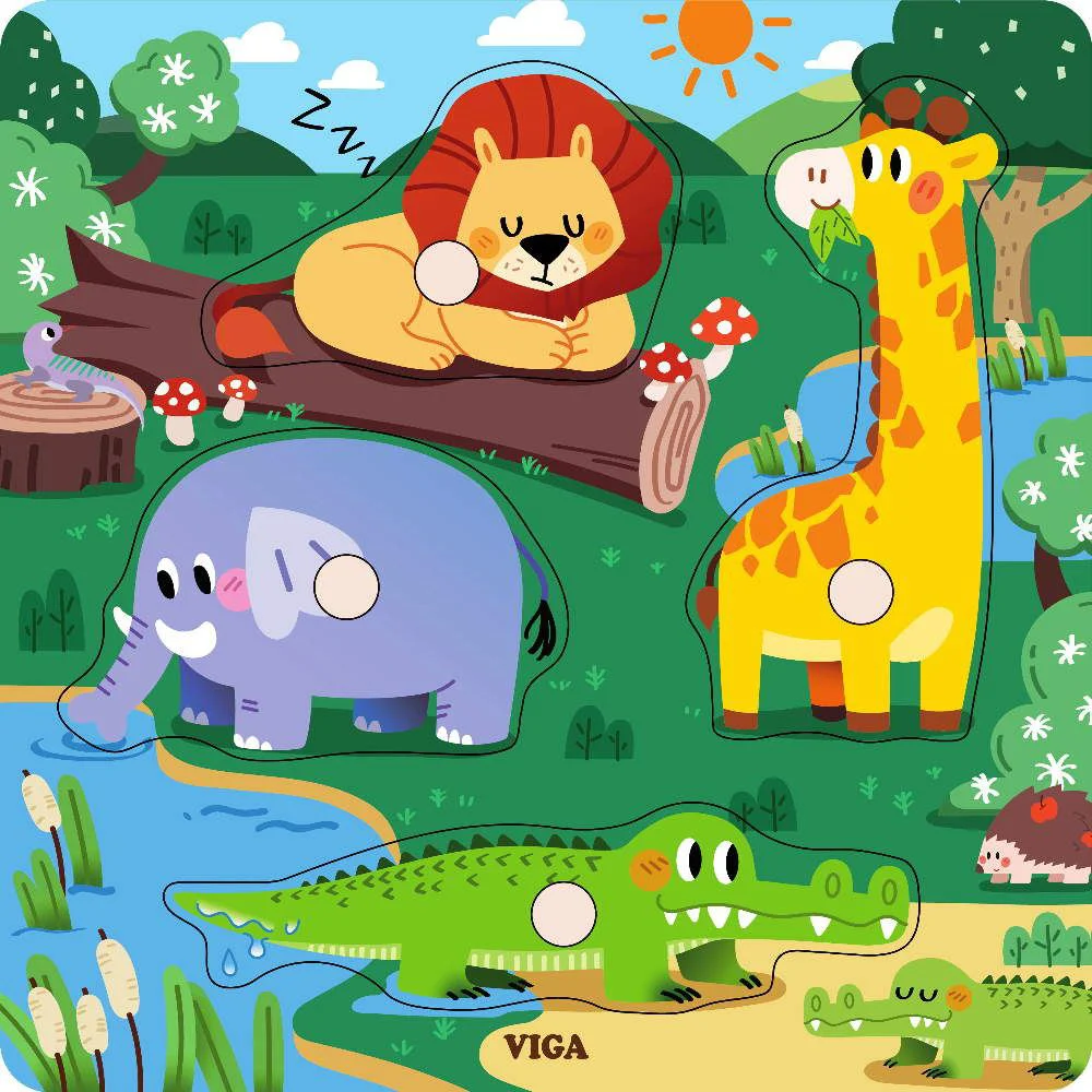 Puzzle cu buton din lemn Viga Toys Wild Animals