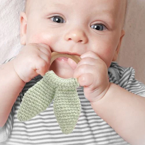 Хлопковая игрушка для прорезывания зубов с деревянным кольцом BabyJem Green