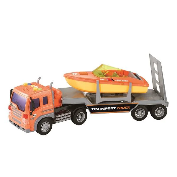 Camion transportator cu frictiune Wenyi cu barca, lumina si sunet, 1:16 foto