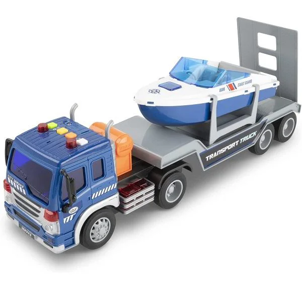 Camion transportator cu frictiune Wenyi cu barca, cu lumina si sunet, 1:16 foto
