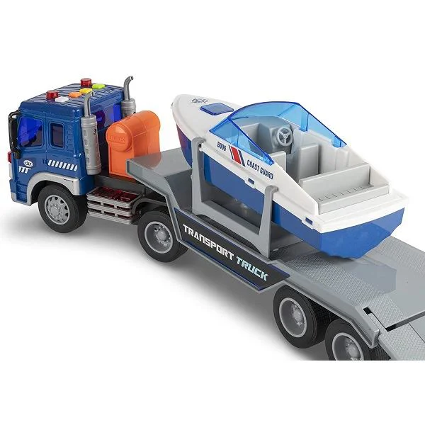 Camion transportator cu frictiune Wenyi cu barca, cu lumina si sunet, 1:16 foto