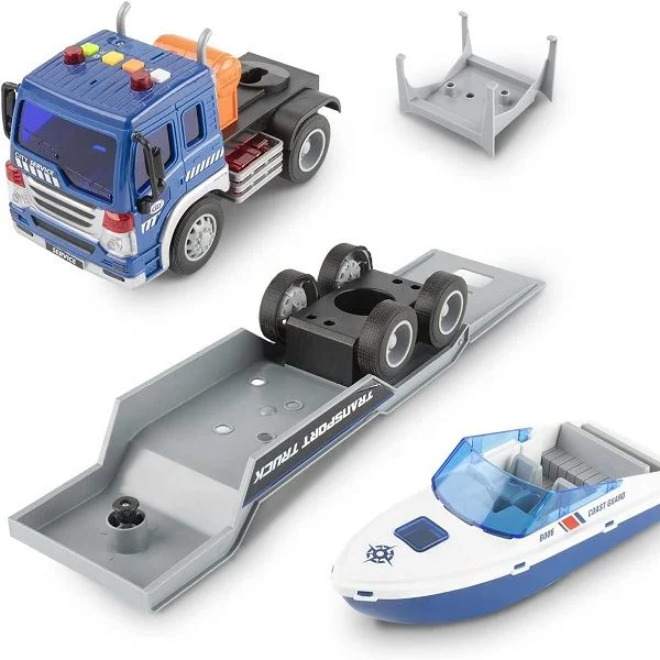 Camion transportator cu frictiune Wenyi cu barca, cu lumina si sunet, 1:16 foto