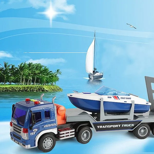 Camion transportator cu frictiune Wenyi cu barca, cu lumina si sunet, 1:16 foto