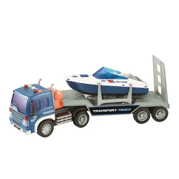 Camion transportator cu frictiune Wenyi cu barca, cu lumina si sunet, 1:16 foto