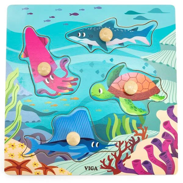 Puzzle cu manere din lemn Viga Toys Animale acvatice